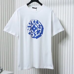 Louis Vuitton White Crewneck T-Shirt with Blue Octagonal Graphic